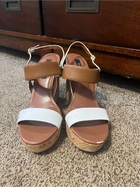 White House Black Market Tan and White Cork Wedge Sandals